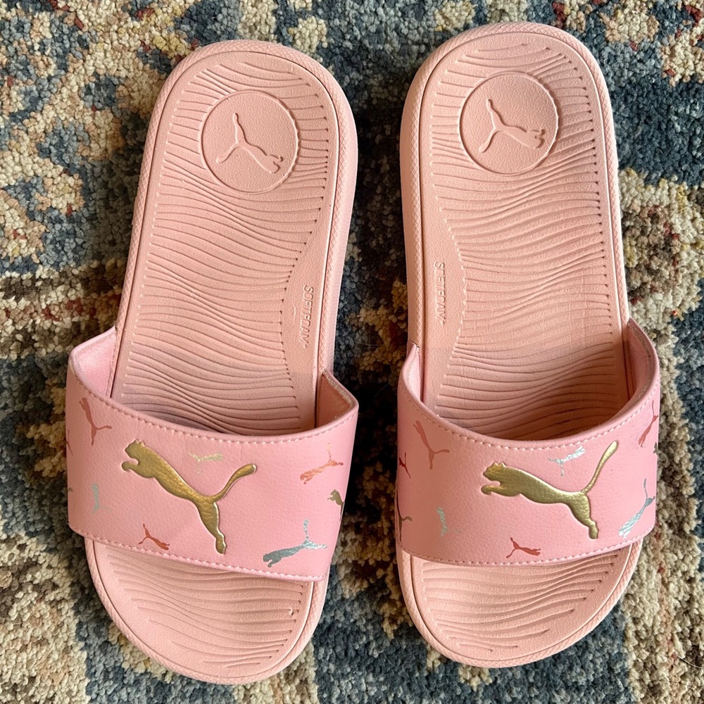 Puma Pink Slides with Gold Accents
